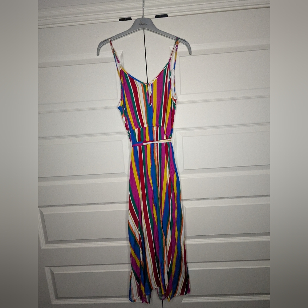 SEE DETAILS - NWT Francesca's Blue Rain Large Rainbow Dress w/ Belted Waist Tie - Picture 2 of 16